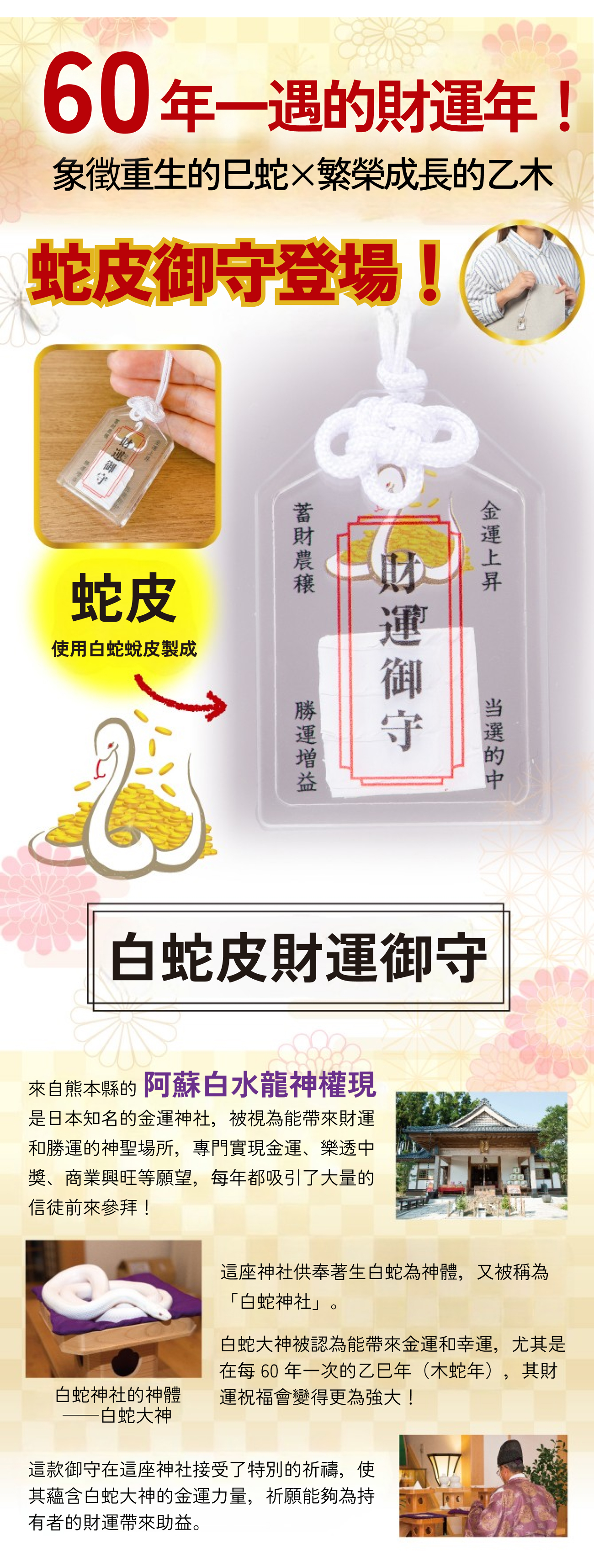 金運滿堂】供奉白蛇神體的蛻皮製成！阿蘇白水龍神權現白蛇皮財運御守